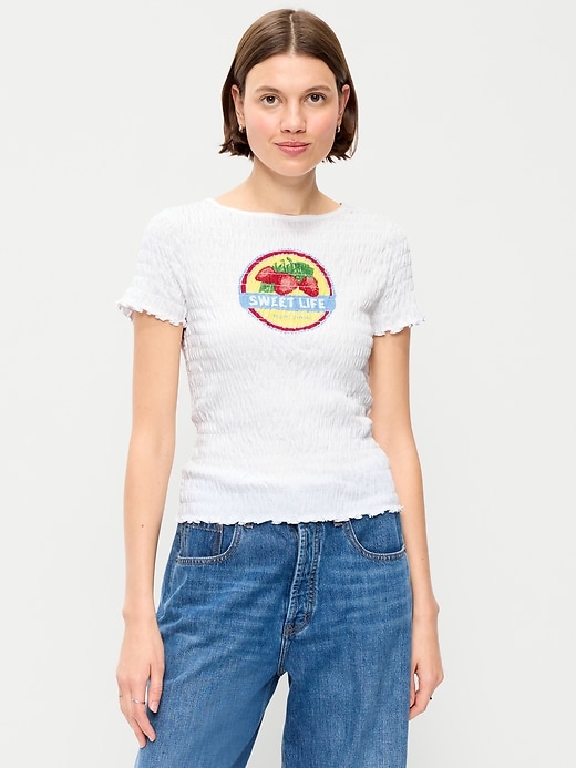 Image number 1 showing, Slit-Neck Smocked Graphic Top