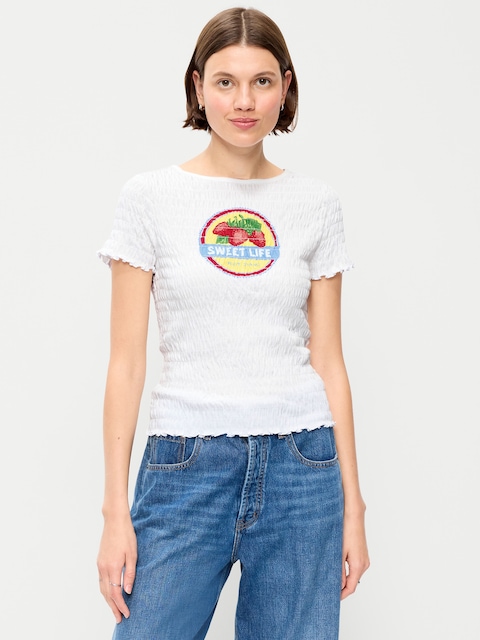 Slit-Neck Smocked Graphic Top