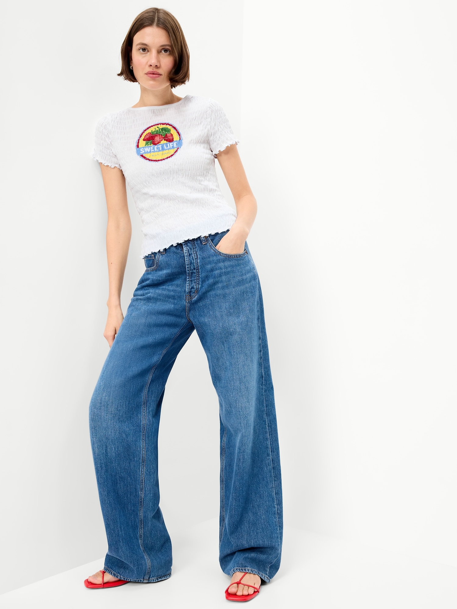 Slit-Neck Smocked Graphic Top