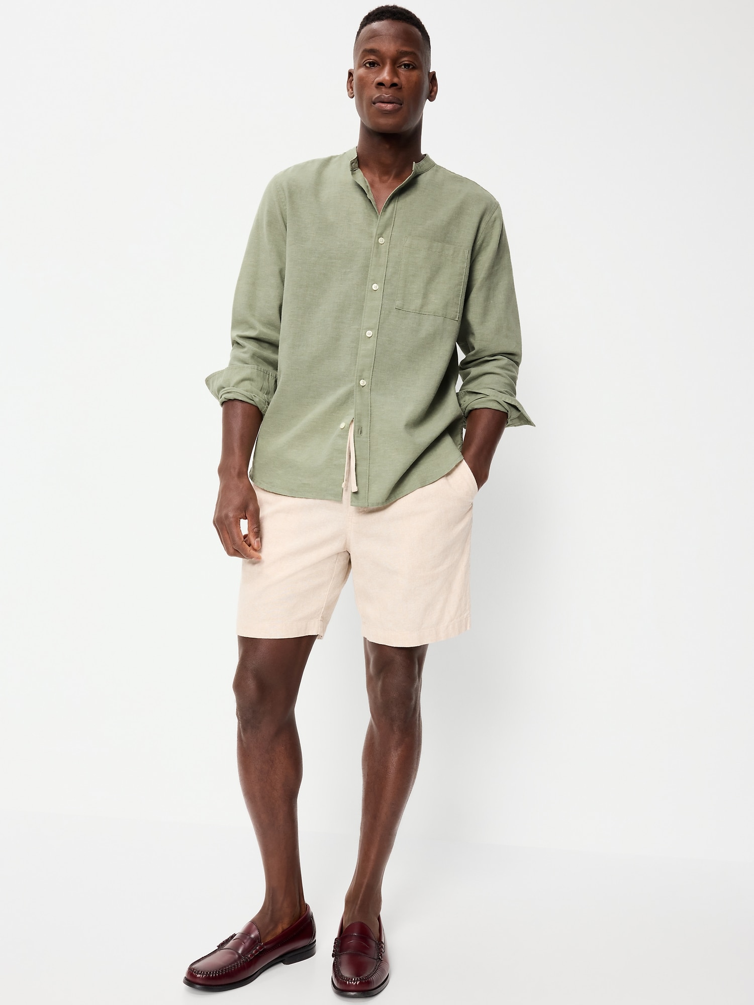 Classic Fit Banded Collar Linen-Blend Shirt