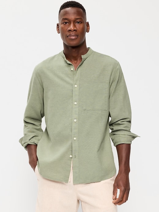 Image number 1 showing, Classic Fit Banded Collar Linen-Blend Shirt