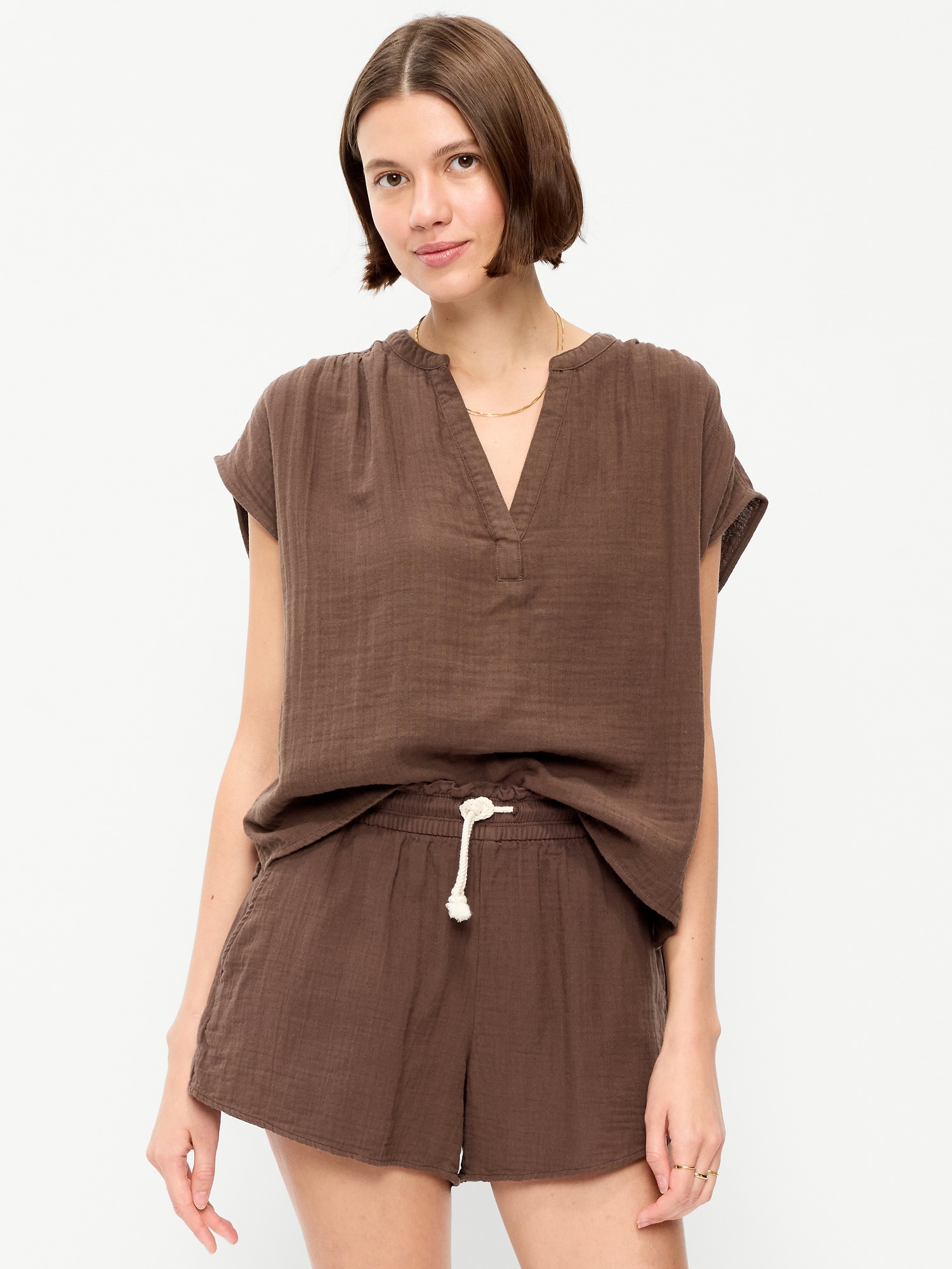 Image number 1 showing, Short-Sleeve Crinkle Gauze Popover Top