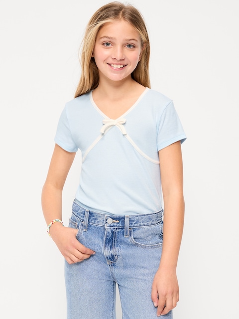 Fitted Short-Sleeve Ribbed Bow Top for Girls