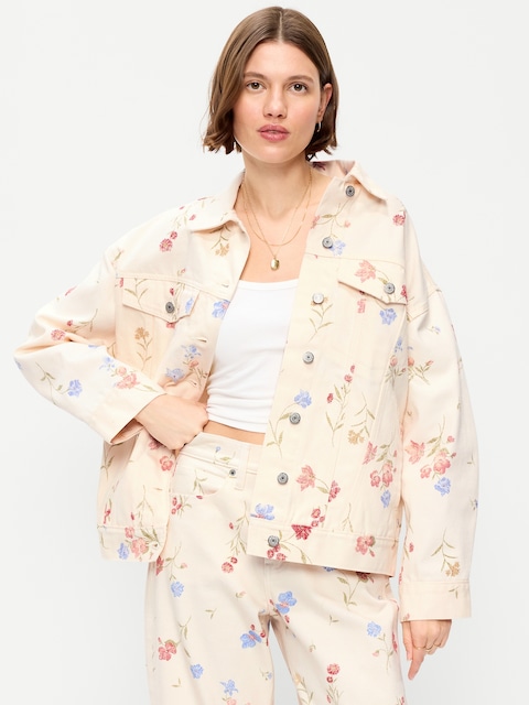 Oversized Floral Print Jean Trucker Jacket