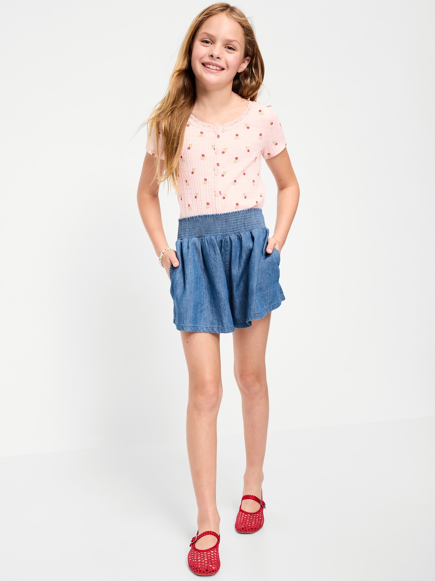 Smocked-Waist Chambray Shorts for Girls