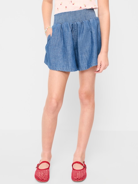Smocked-Waist Chambray Shorts for Girls