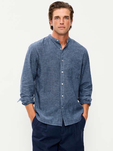 Classic Fit Banded Collar Linen-Blend Shirt