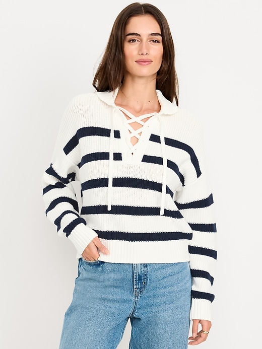 Image number 1 showing, Seaside Cotton Lace-Up Collar Sweater
