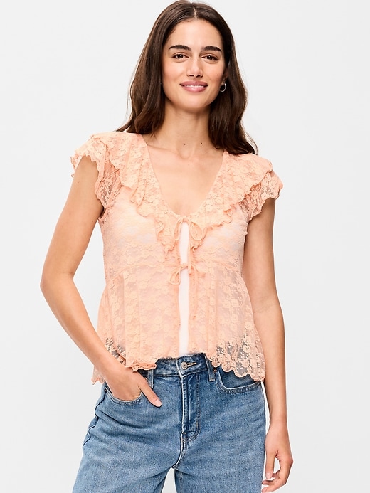 Image number 1 showing, Open-Front Lace Ruffle Top