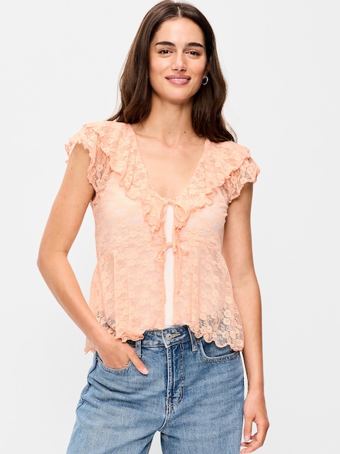 Short-Sleeve Open-Front Lace Ruffle Top