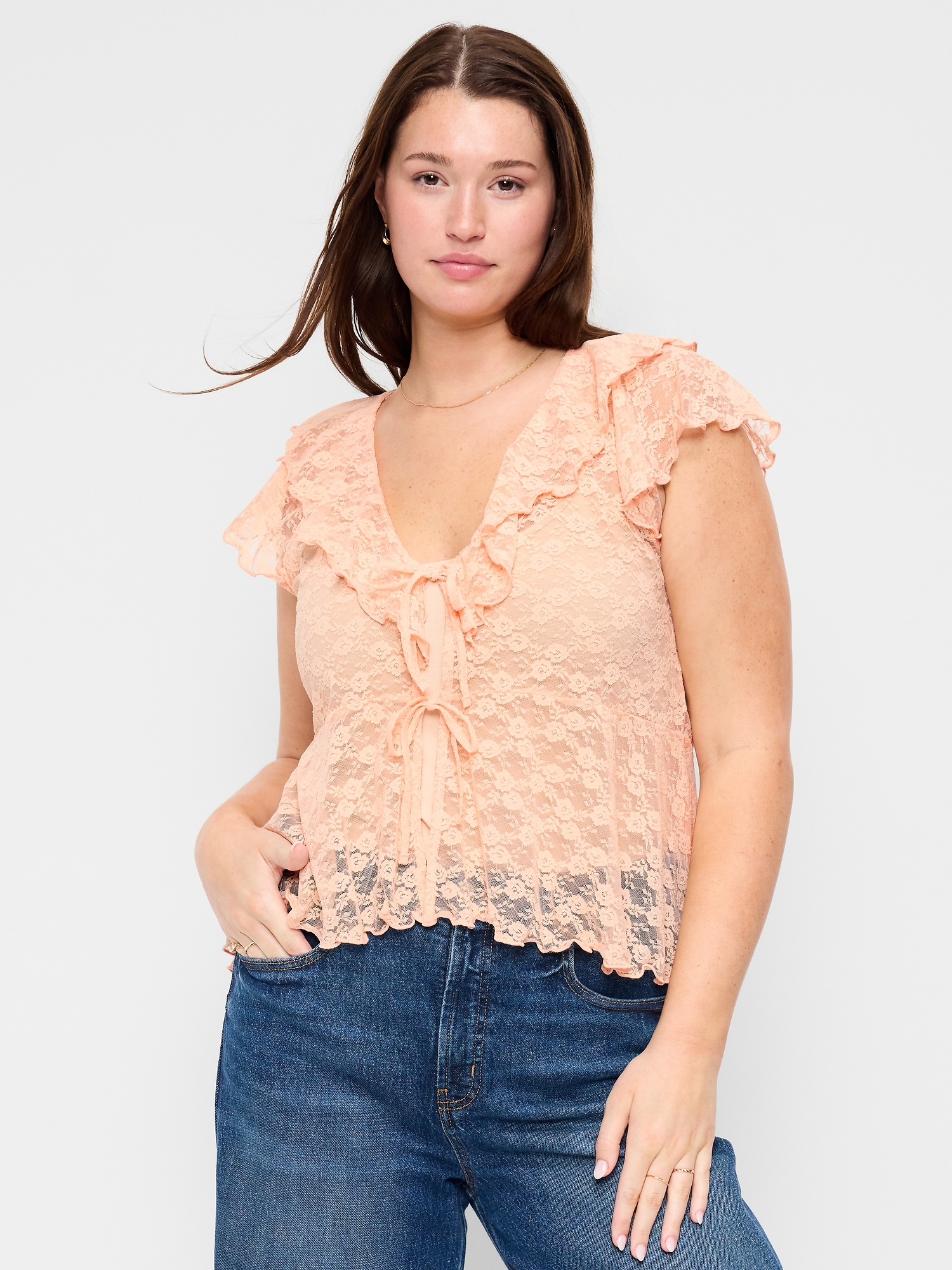 Short-Sleeve Open-Front Lace Ruffle Top