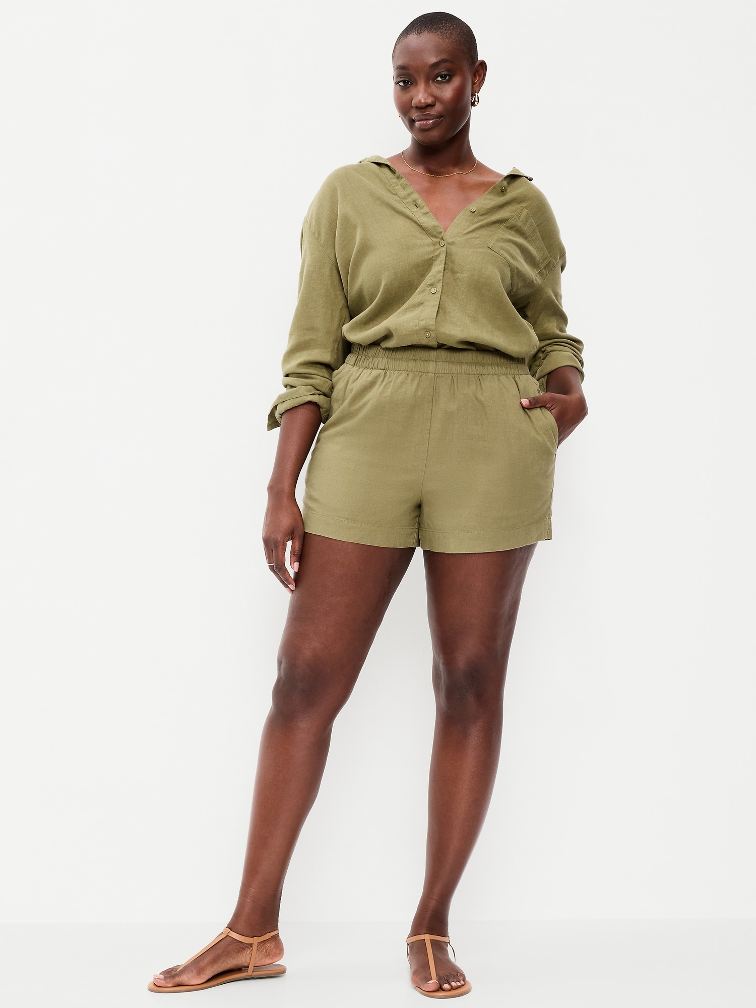 High-Waisted Beach Linen Pull-On Shorts
