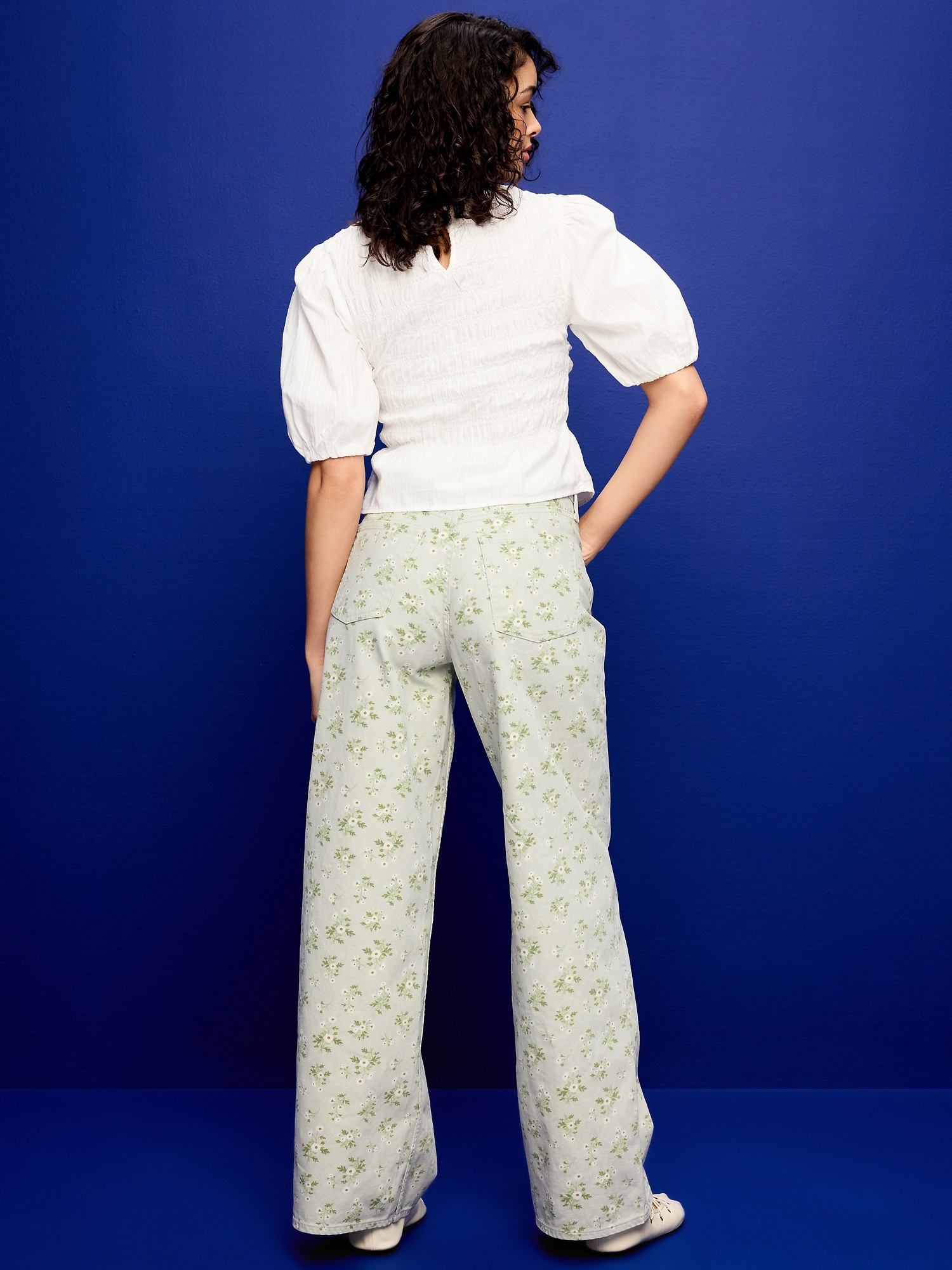 High-Waisted Baggy Floral Print Wide-Leg Jeans