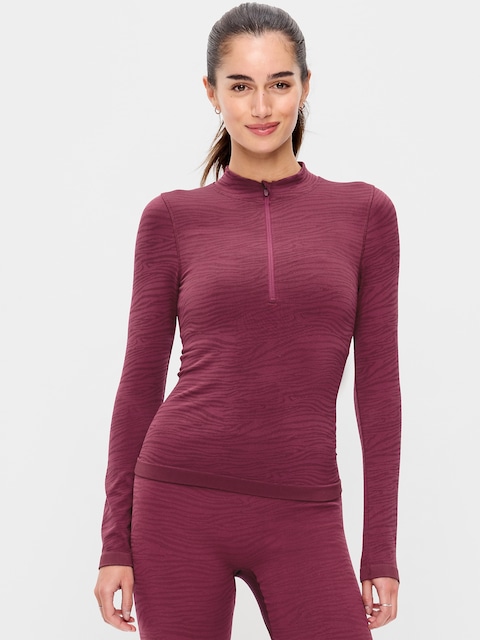 Seamless Jacquard Mock-Neck Half-Zip Top