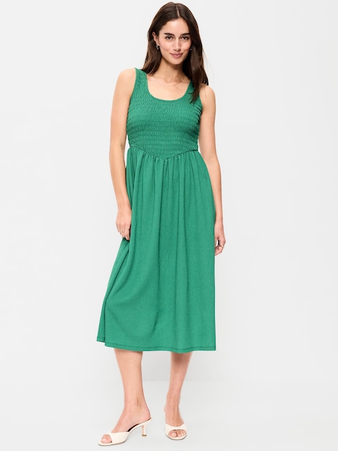Fit & Flare Sleeveless Smocked-Bodice Midi Dress