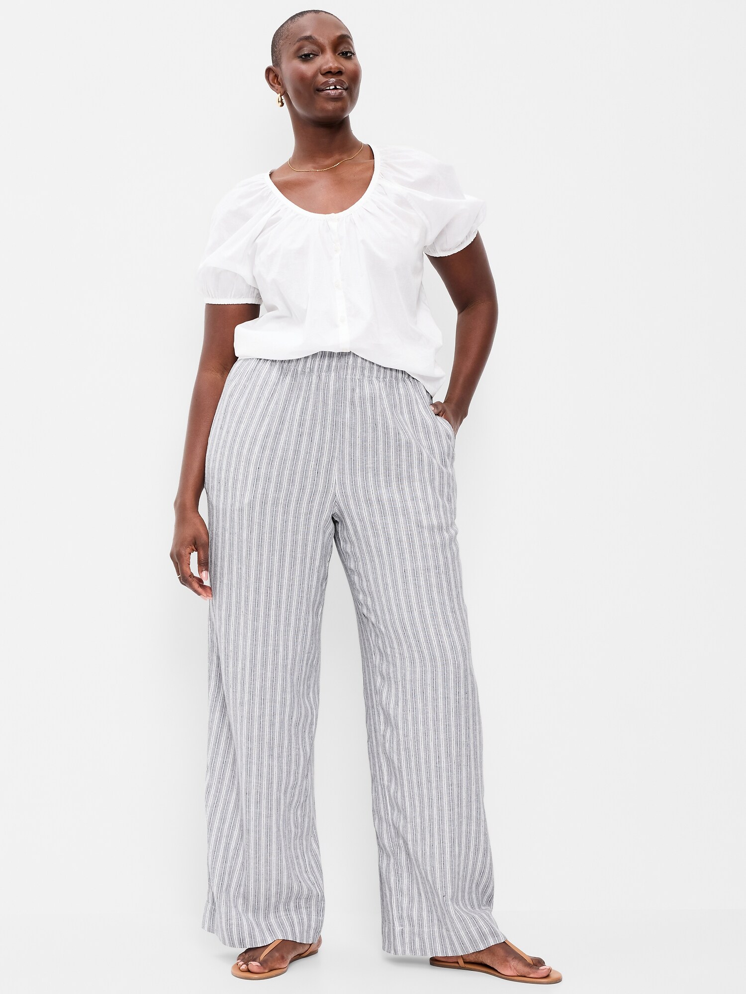 Женские брюки Old Navy High-Waisted Linen-Blend Super Wide-Leg, цвет: Синий полосатый — фото 6