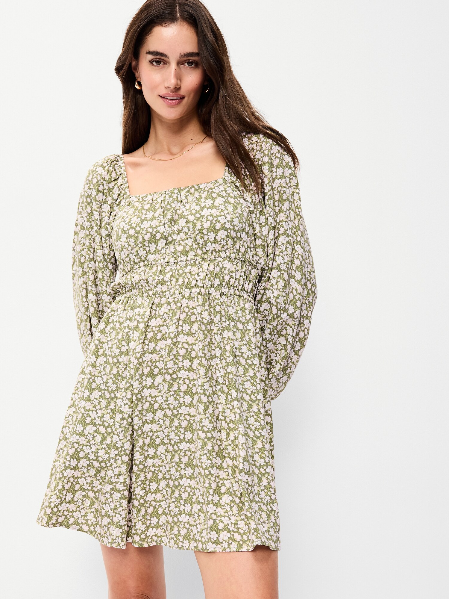 Женское платье Old Navy Long-Sleeve Square-Neck Mini, цвет: Зелёный с принтом — фото 3