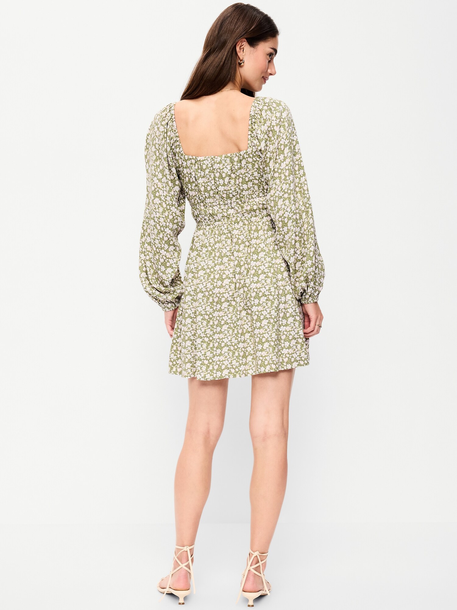 Женское платье Old Navy Long-Sleeve Square-Neck Mini, цвет: Зелёный с принтом — фото 2