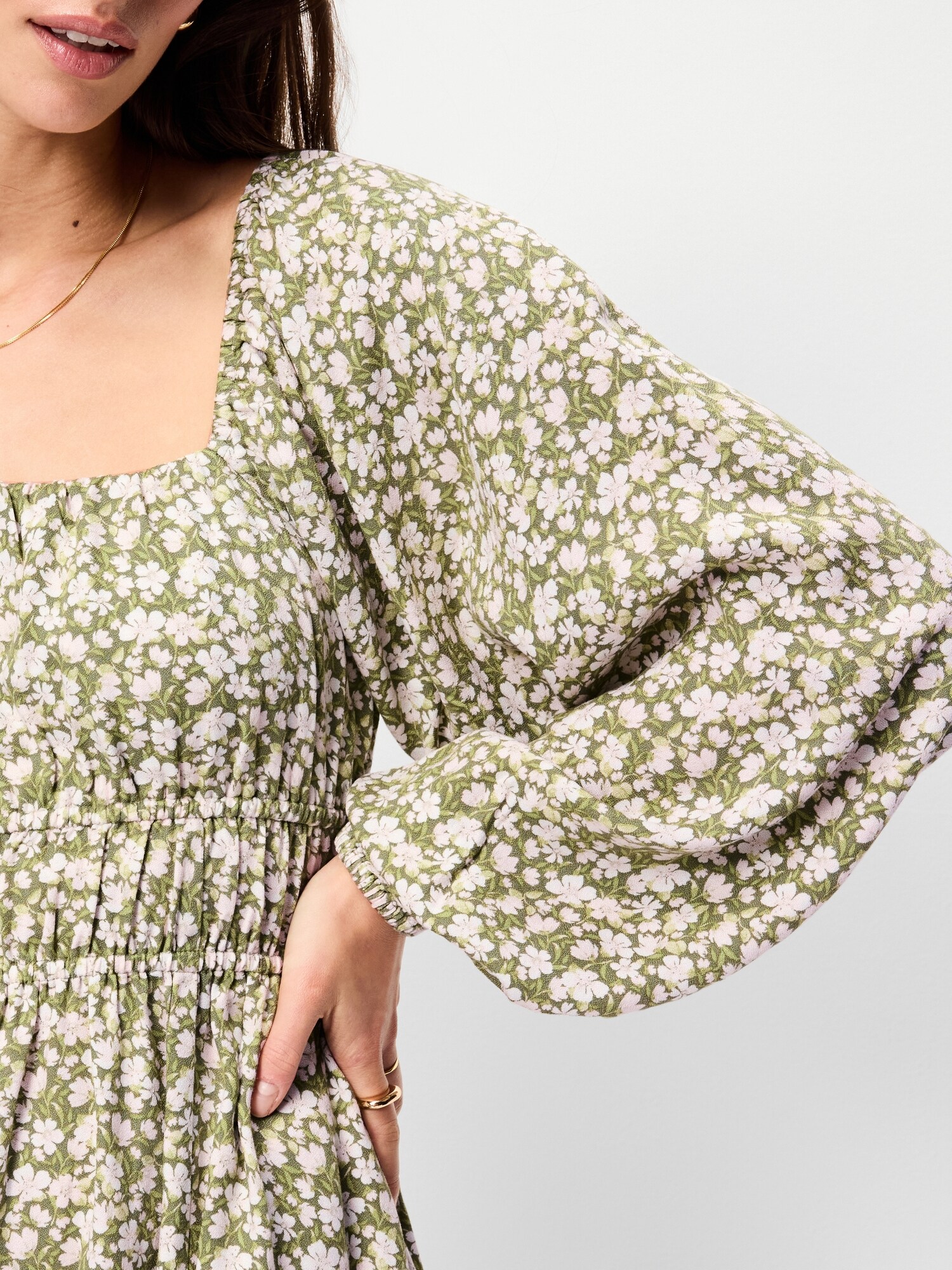 Женское платье Old Navy Long-Sleeve Square-Neck Mini, цвет: Зелёный с принтом — фото 4