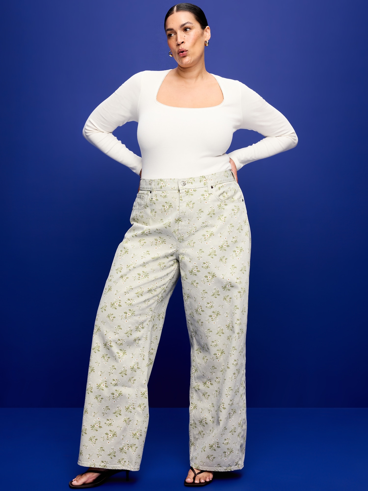 High-Waisted Baggy Floral Print Wide-Leg Jeans