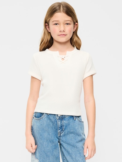 Image number 1 showing, Fitted Short-Sleeve Lace-Up Waffle-Knit Top for Girls