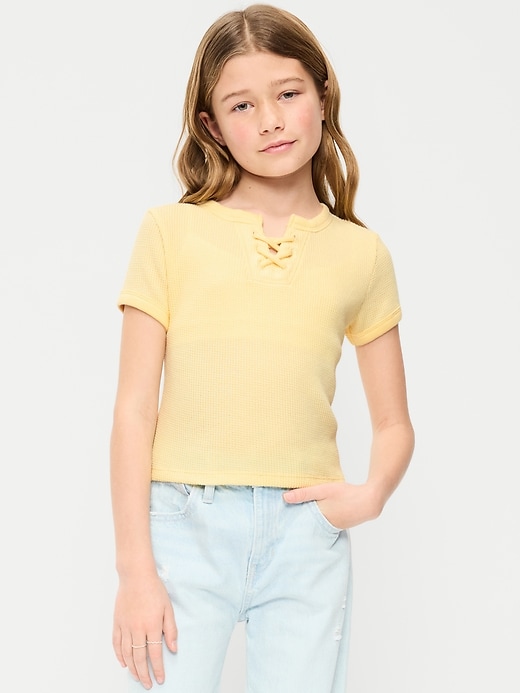 Image number 1 showing, Fitted Short-Sleeve Lace-Up Waffle-Knit Top for Girls