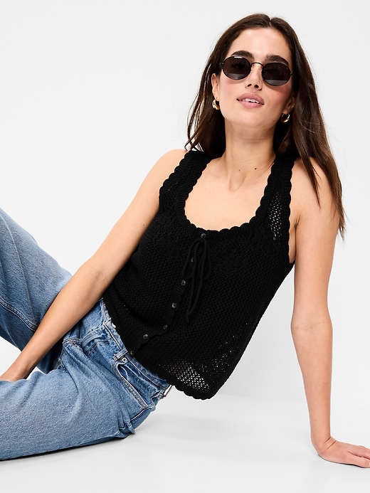 Image number 3 showing, Sleeveless Crochet Button-Front Tank Top