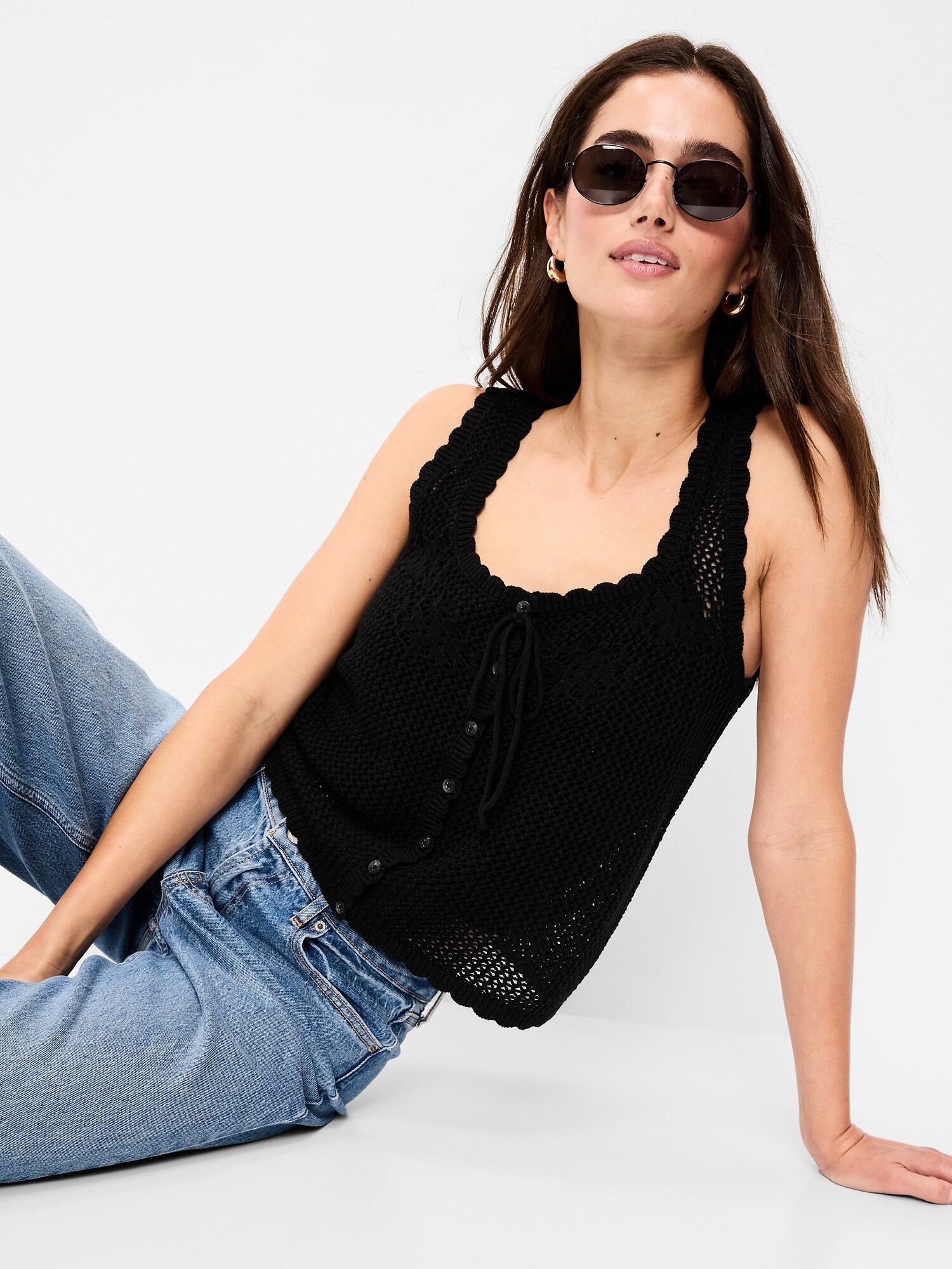 Женский топ Old Navy Sleeveless Seaside Cotton Crochet Tank Top, цвет: Чёрный — фото 3