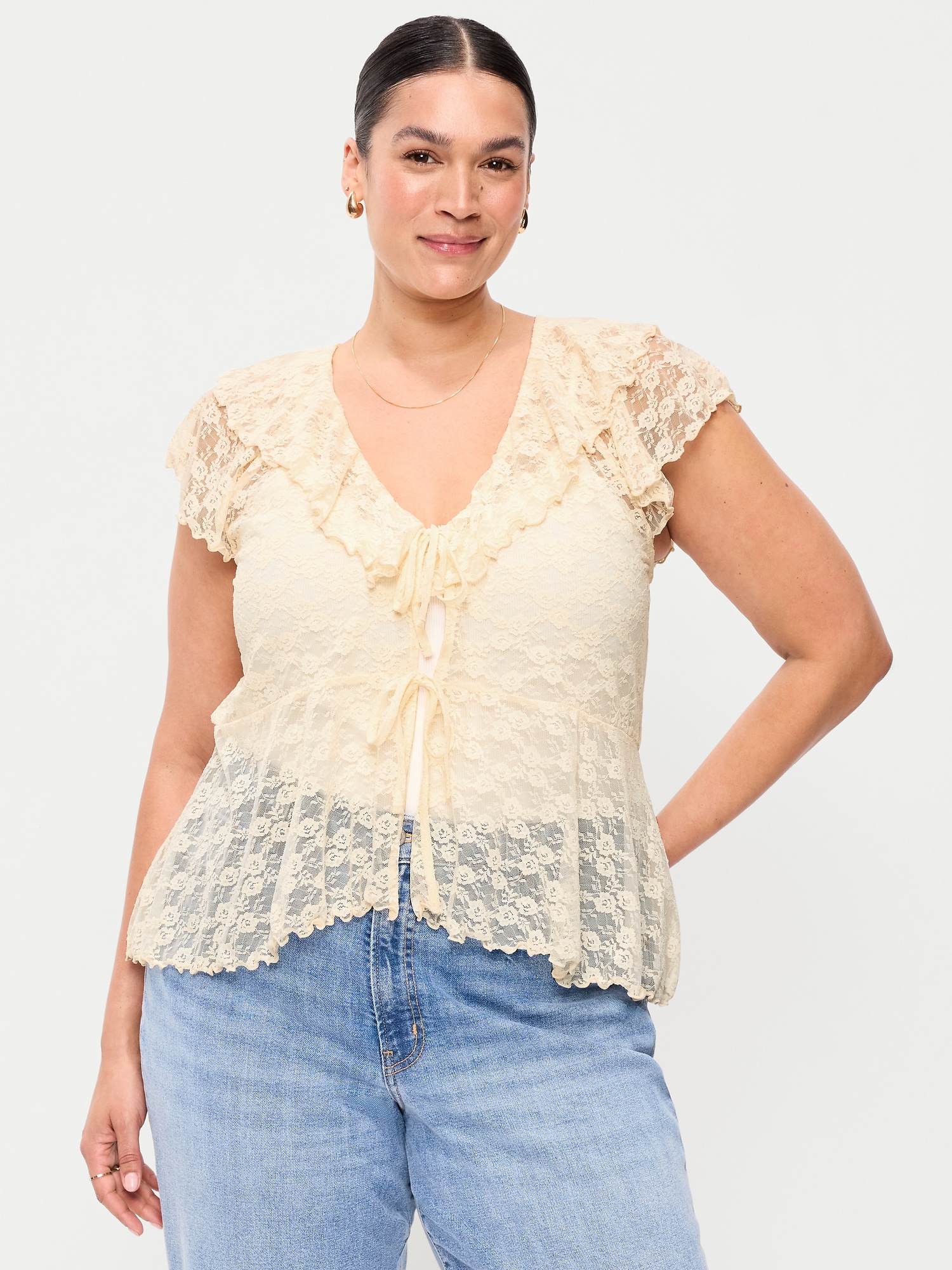 Short-Sleeve Open-Front Lace Ruffle Top