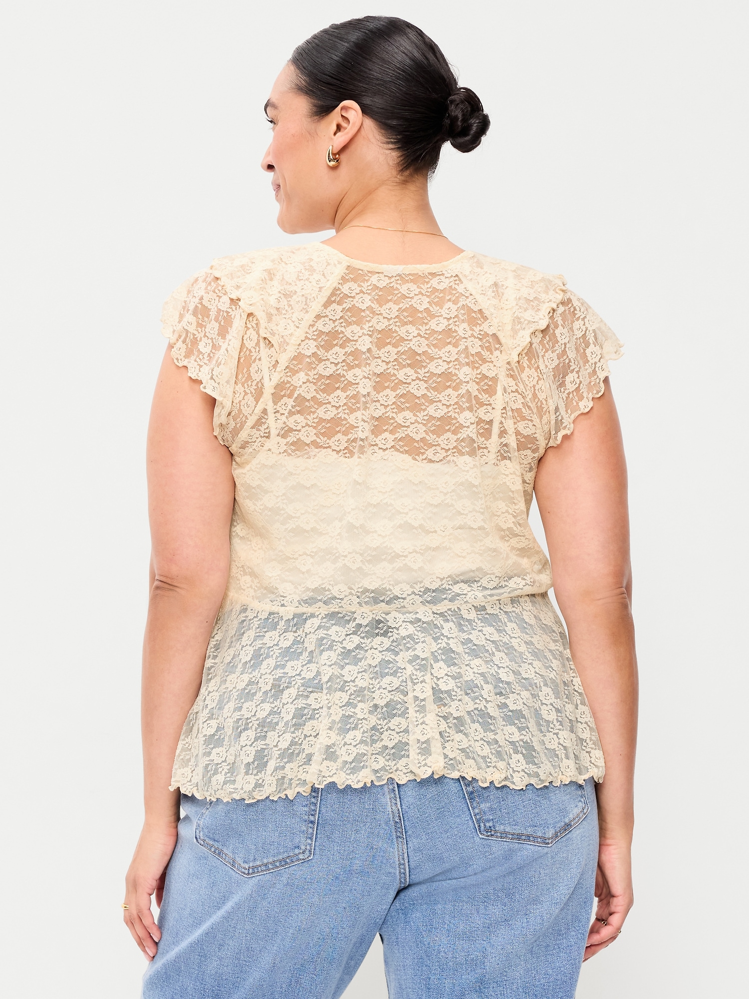 Short-Sleeve Open-Front Lace Ruffle Top