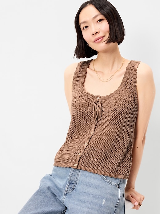 Image number 3 showing, Sleeveless Crochet Button-Front Tank Top