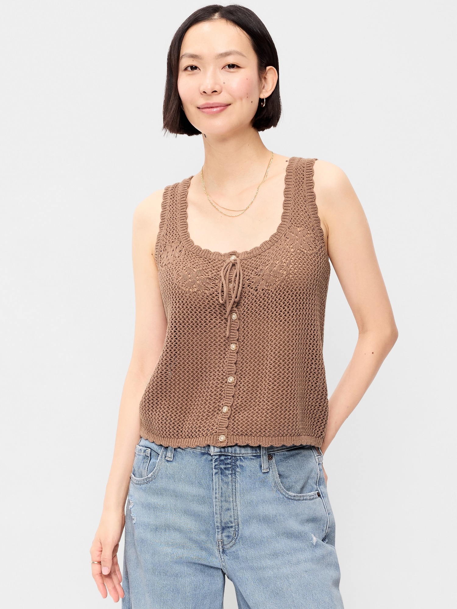 Sleeveless Crochet Button-Front Tank Top - image 4
