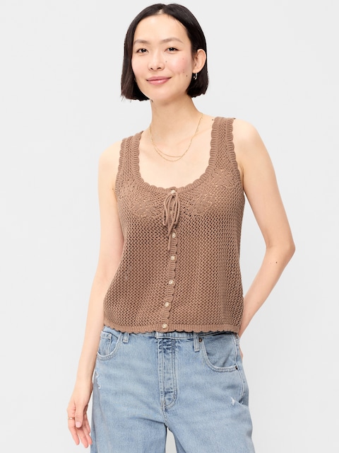 Sleeveless Crochet Button-Front Tank Top