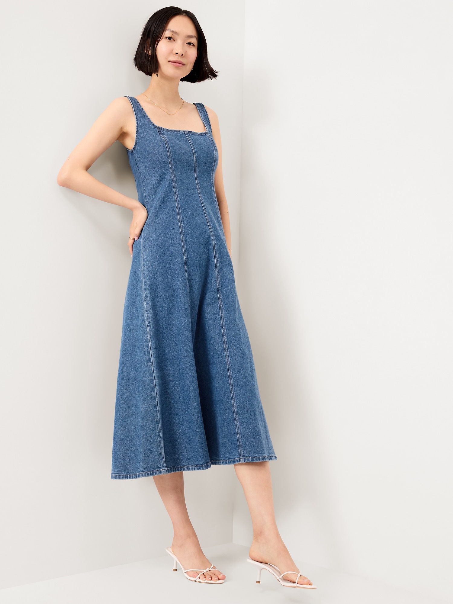 Fit & Flare Sleeveless Denim Midi Dress