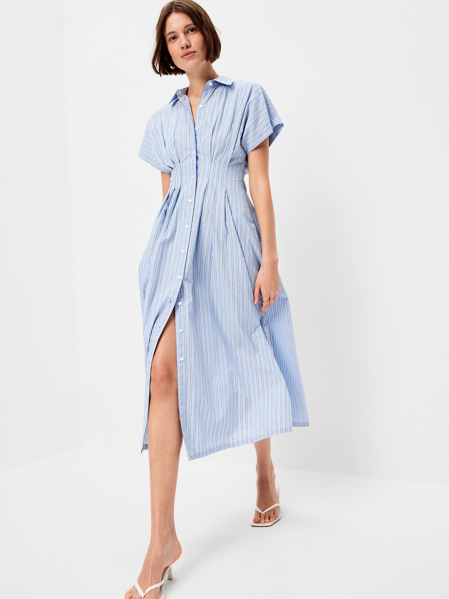 Женское платье Old Navy Pintuck-Waist Midi Shirt Dress, цвет: Белый / Синий — фото 3