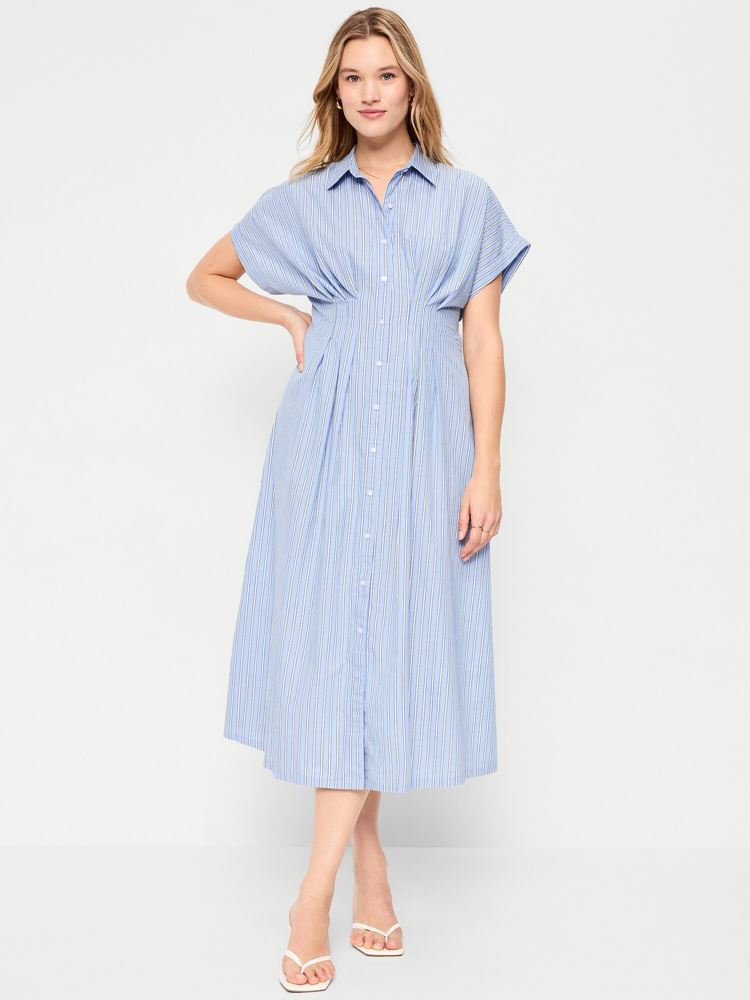 Женское платье Old Navy Pintuck-Waist Midi Shirt Dress, цвет: Белый / Синий — фото 6