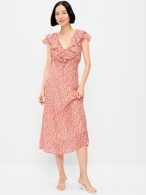 Ruffle-Sleeve Fit & Flare Midi Dress