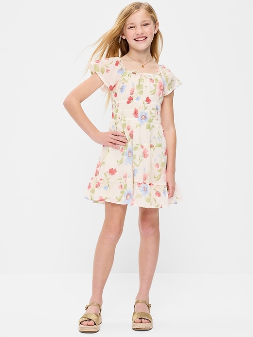 Image number 1 showing, Fit and Flare Crinkle Gauze Tiered Dress for Girls