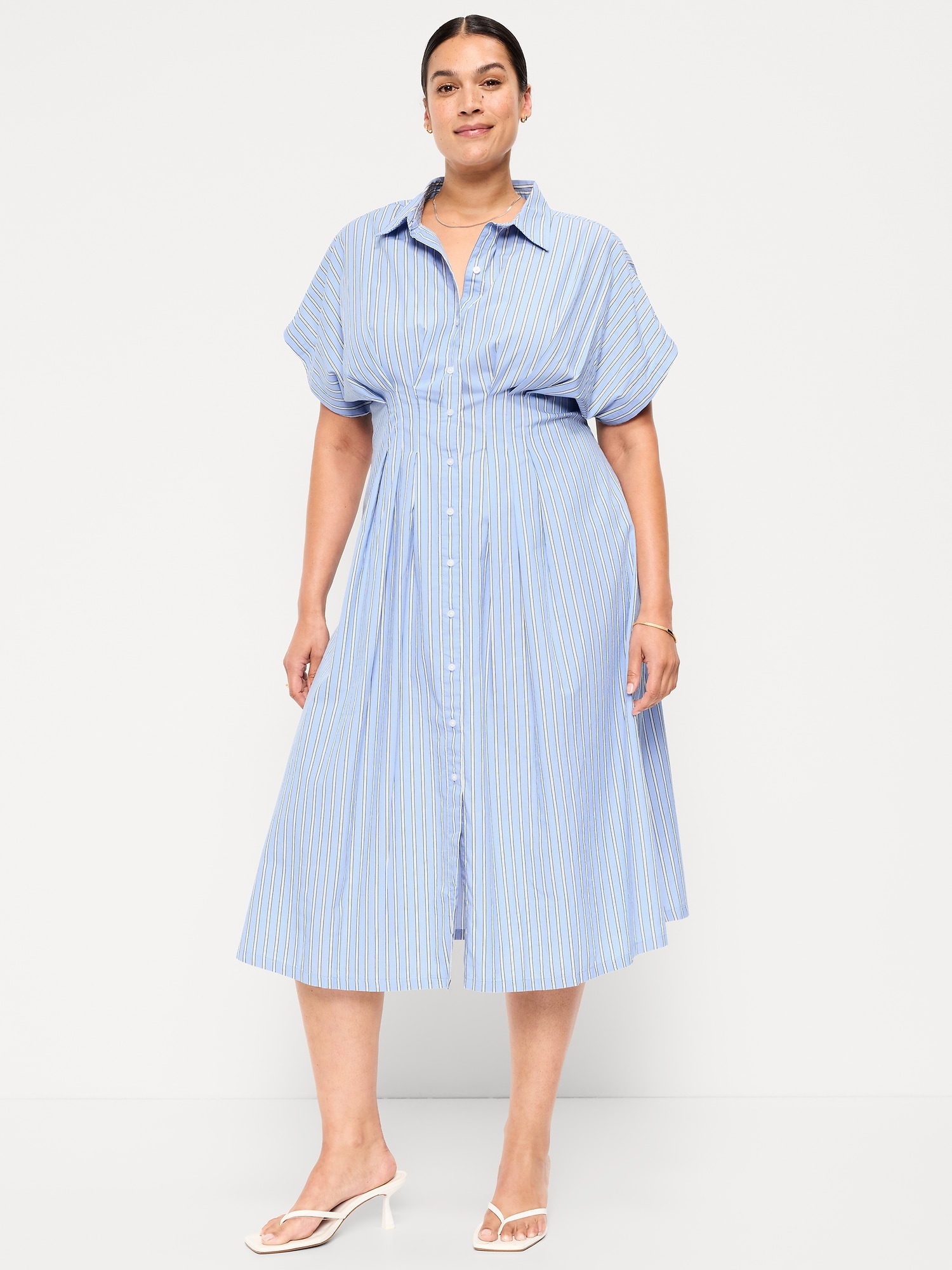 Pintuck-Waist Midi Shirt Dress