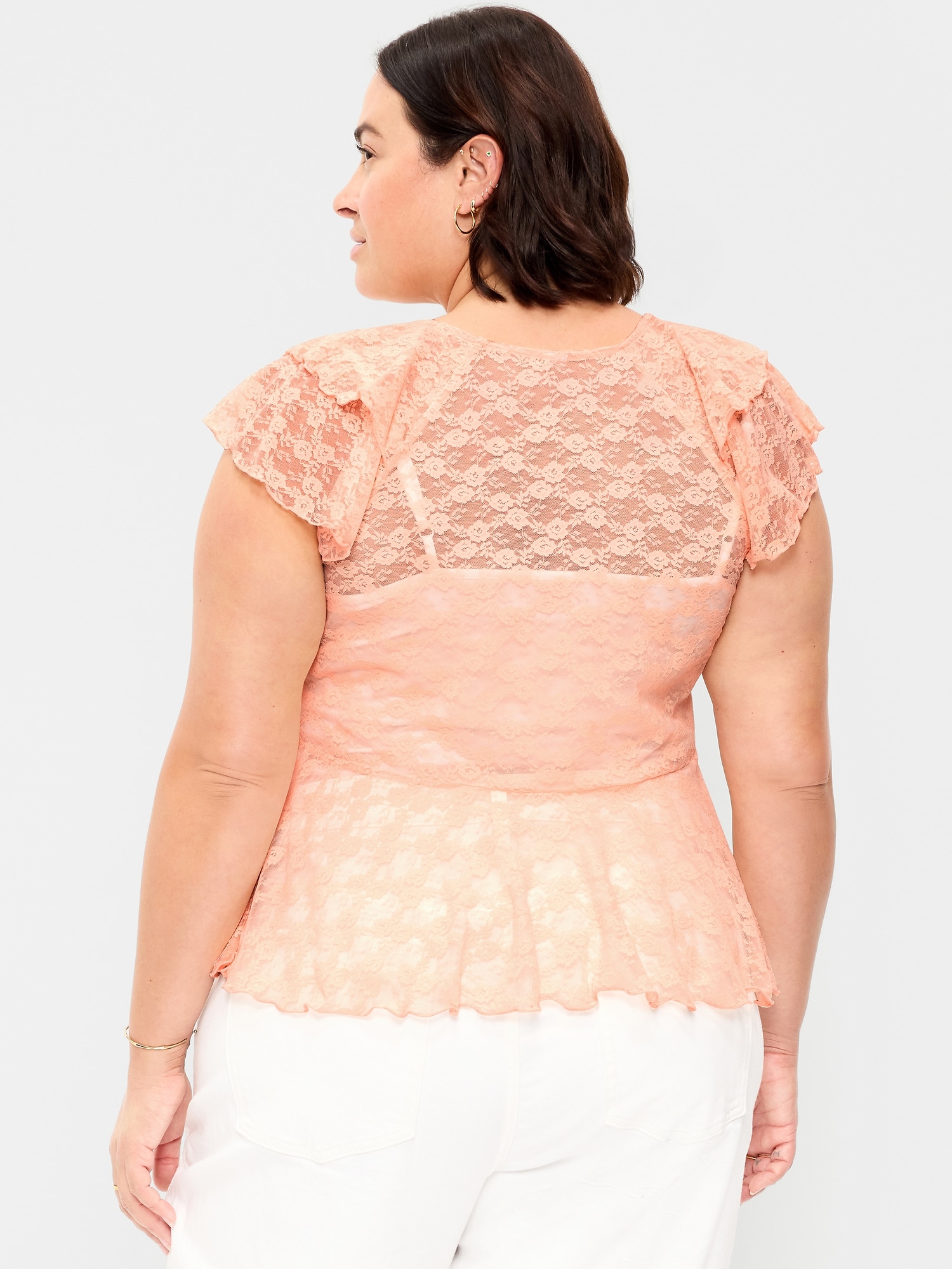 Short-Sleeve Open-Front Lace Ruffle Top