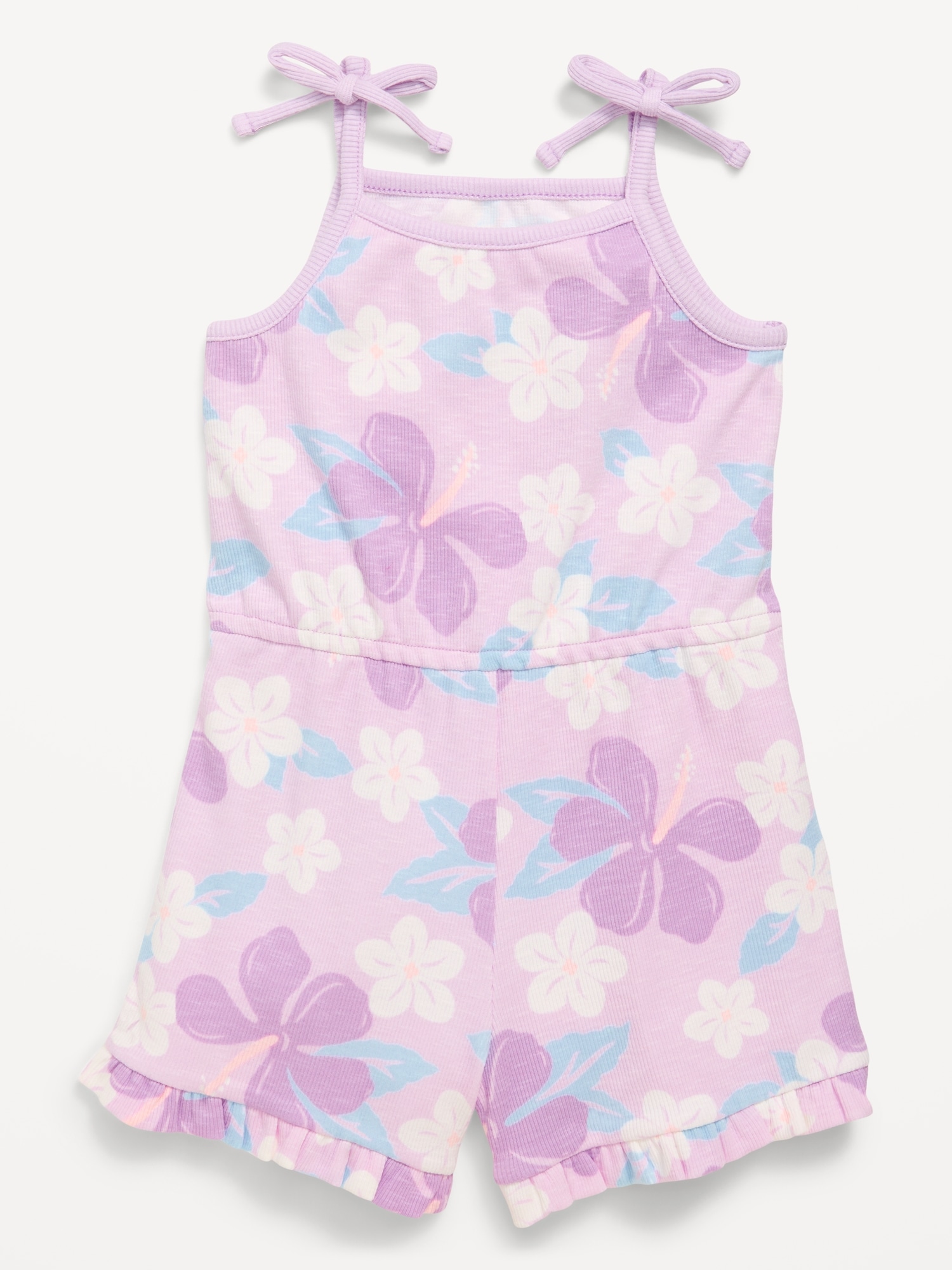 Printed Sleeveless Ribbed Tie-Bow Romper for Toddler Girls