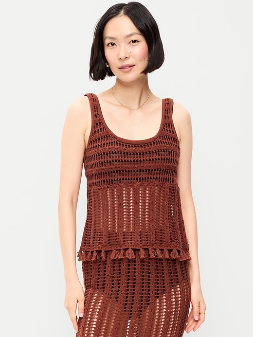 Image number 1 showing, Open-Weave Fringe Tank Top