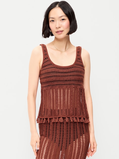 Open-Weave Seaside Cotton Fringe Tank Top