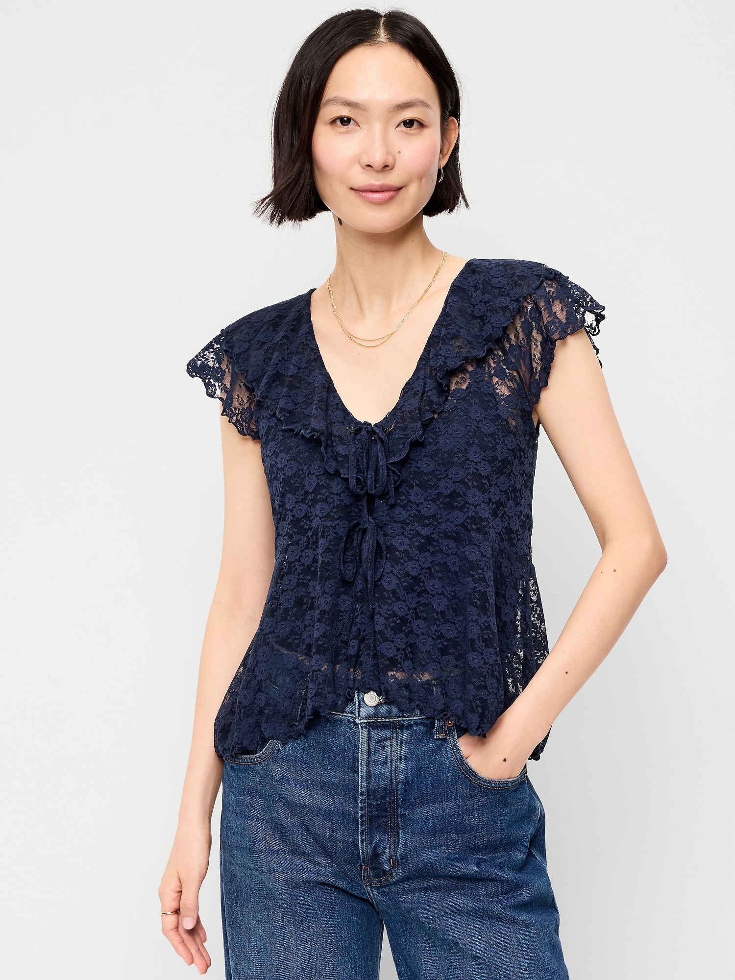 Open-Front Lace Ruffle Top