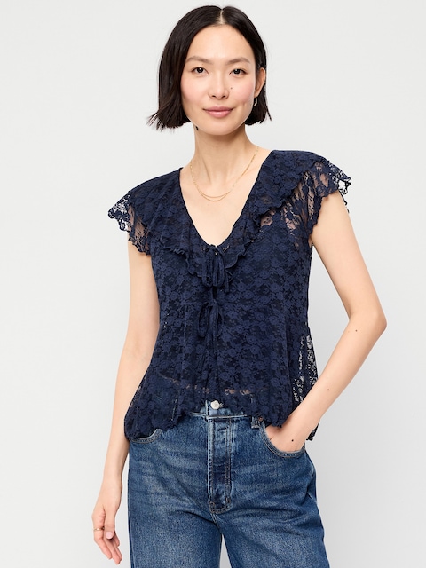 Short-Sleeve Open-Front Lace Ruffle Top