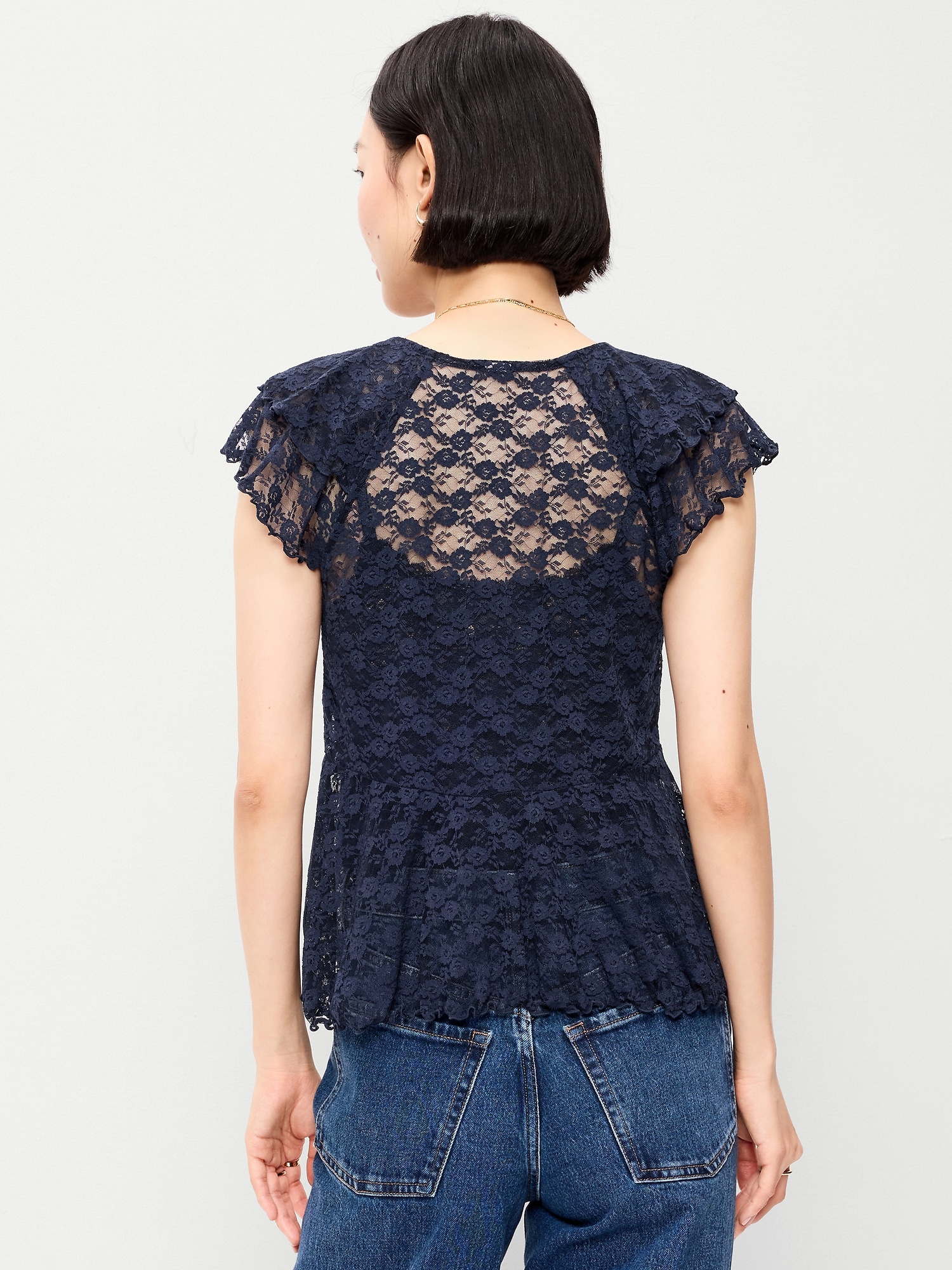 Short-Sleeve Open-Front Lace Ruffle Top