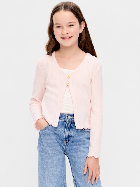 Pointelle-Knit V-Neck Cardigan for Girls