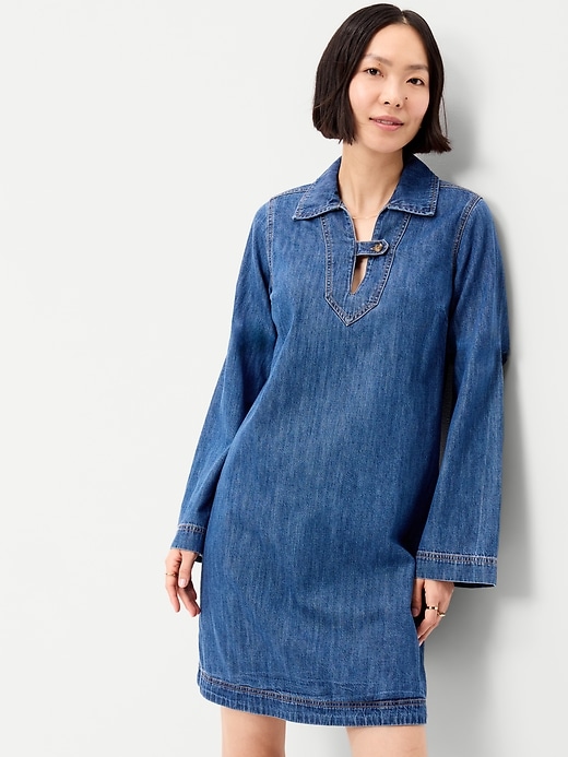 Image number 3 showing, Long-Sleeve Popover Jean Mini Dress