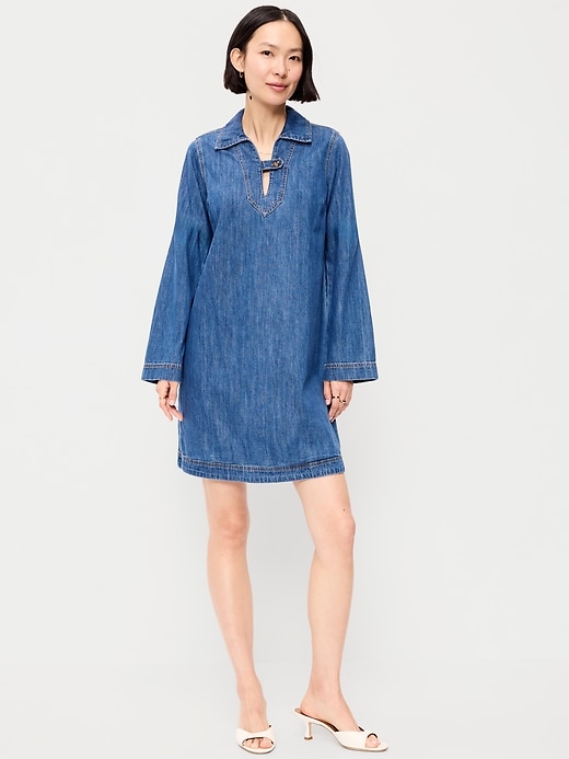 Image number 1 showing, Long-Sleeve Popover Jean Mini Dress
