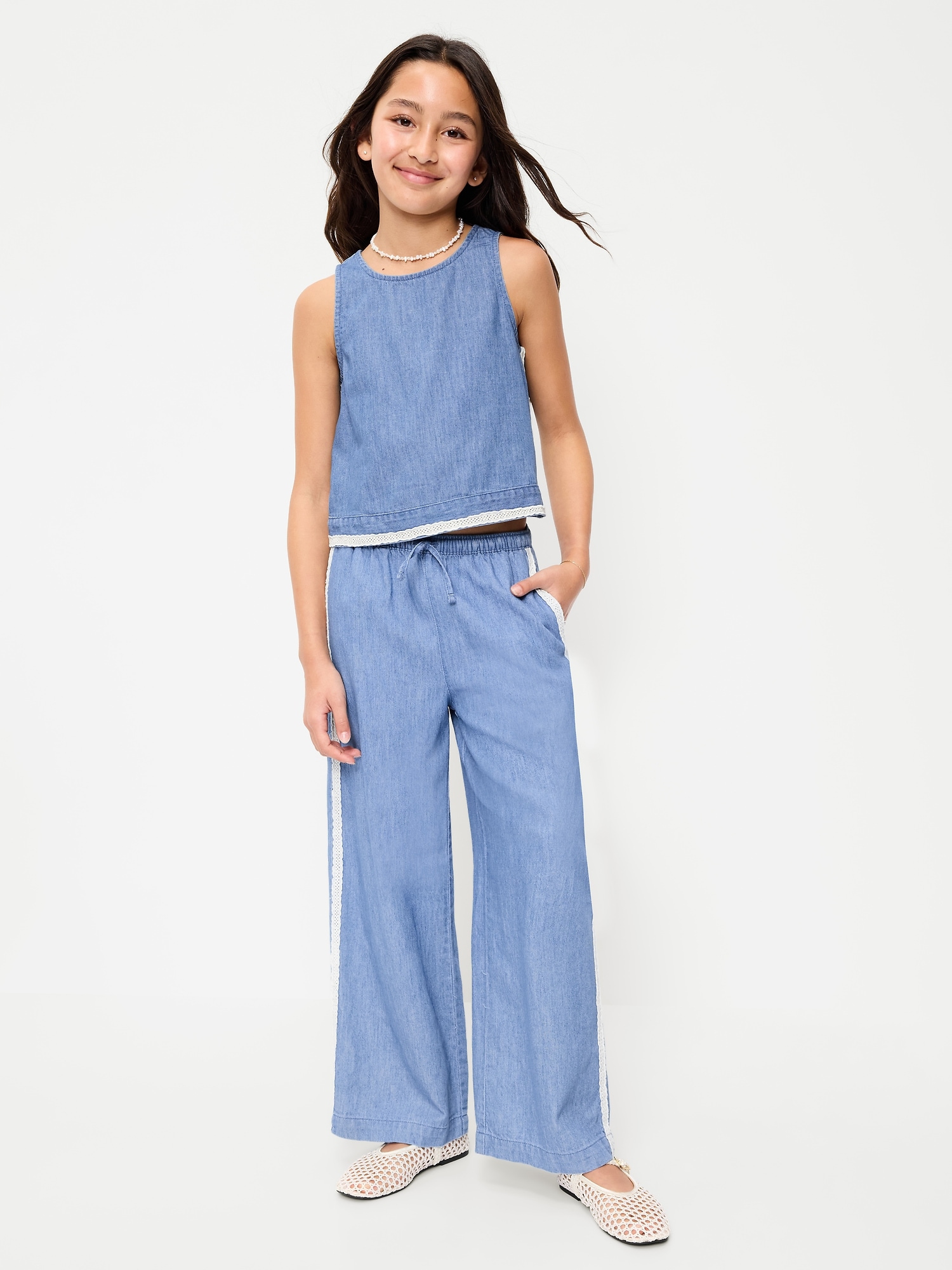 Lace-Trim Chambray Pants for Girls